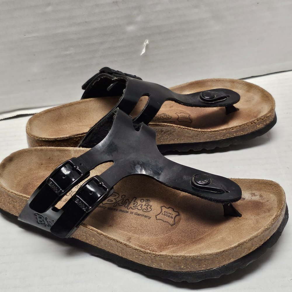 Black Patent Womens Birkis Birkenstock Toe Sandals 2 Adjustable Straps 36 L 5